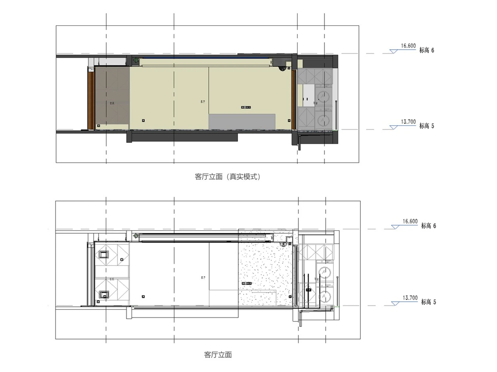 住宅客厅立面 BIM 真实模式与线框对照
