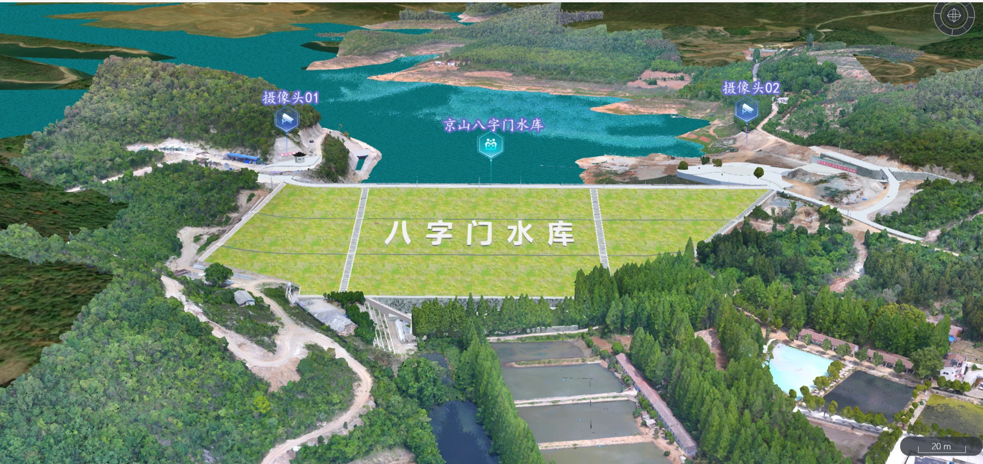 案例配图3：八字门水库，将 BIM 建模数据与倾斜摄影融合，形成库区三维空间底座。