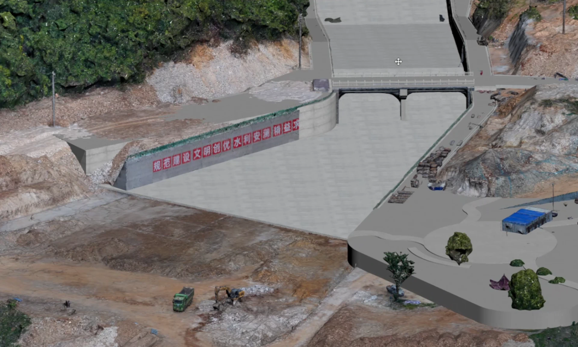 案例配图：八字门水库，将 BIM 建模数据与倾斜摄影融合，形成库区三维空间底座。
