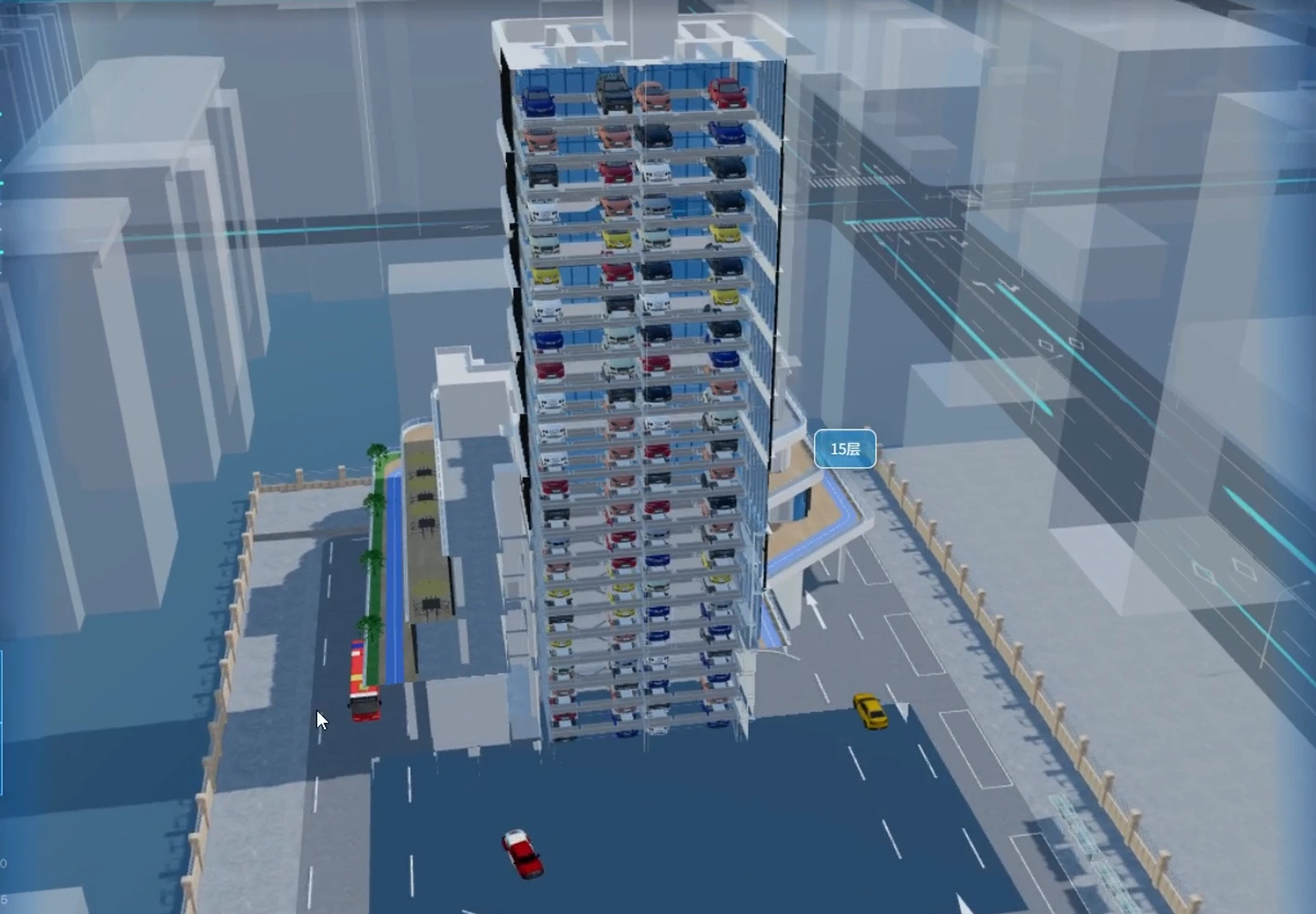 案例配图2：广州动物园南门立体停车楼，基于 Three.js 构建 Web 端数字孪生可视化平台，展示项目全景、视频监控、设备状态及立体库车位状态，实现多系统高度集成融合。
